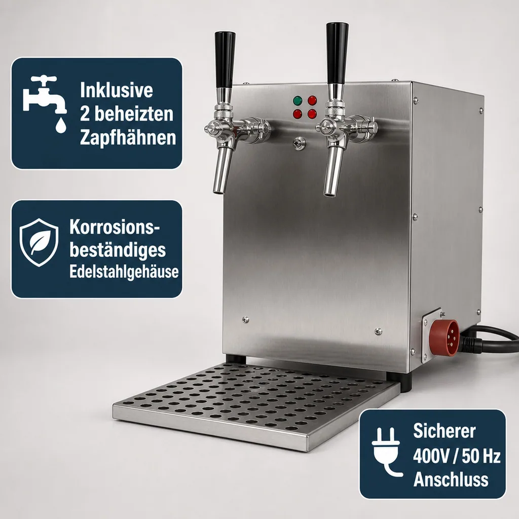 Glühweinzapfanlage, Getränke-Durchlauferhitzer, 9kW, mit elektrischer Pumpe, 2-leitig, Edelstahl-Gehäuse
