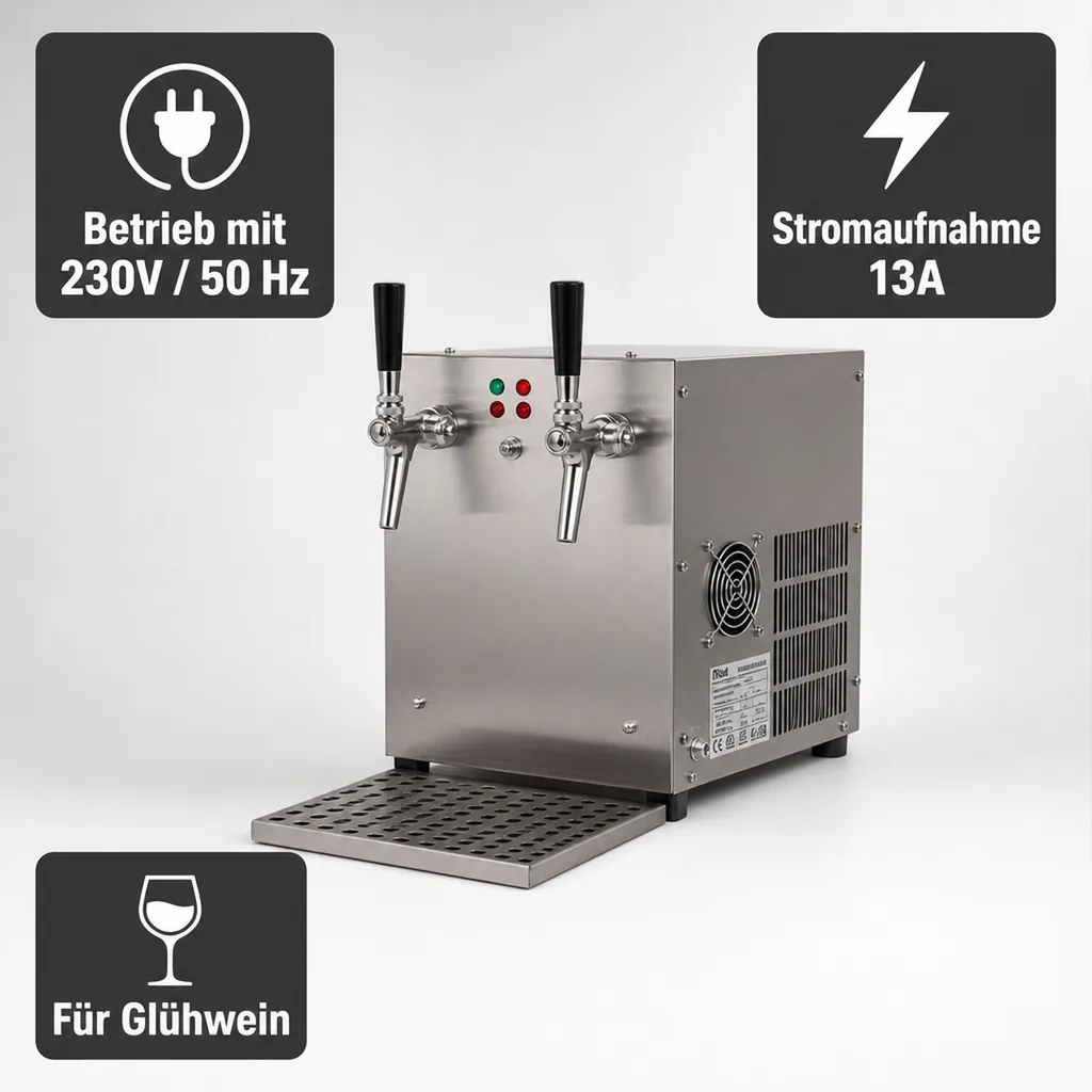 Glühweinzapfanlage, Getränke-Durchlauferhitzer, 3kW, 2-leitig, mit integriertem Luftkompressor, Edelstahl-Gehäuse