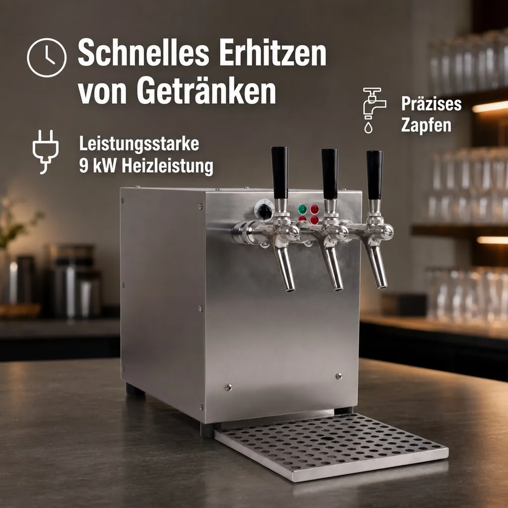 Glühweinzapfanlage, Getränke-Durchlauferhitzer, 3-leitig mit integriertem Luftkompressor, 9kW, Edelstahl-Gehäuse