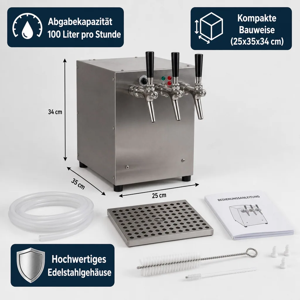 Glühweinzapfanlage, Getränke-Durchlauferhitzer, 3-leitig mit integriertem Luftkompressor, 9kW, Edelstahl-Gehäuse