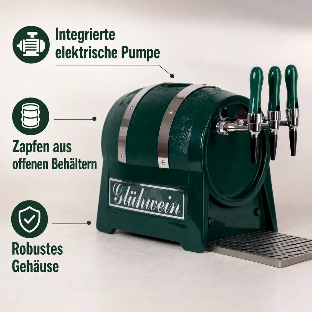 Glühweinzapfanlage, Getränke-Durchlauferhitzer 9kW, Fassform, mit elektrischer Pumpe, 3-leitig