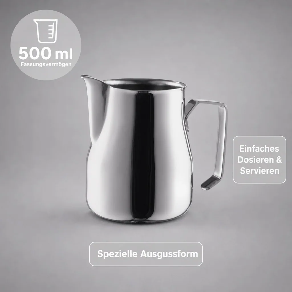 Edelstahl Milchkännchen (500 ml) | Gießer für Milch & Milchschaum | Spülmaschinengeeignet