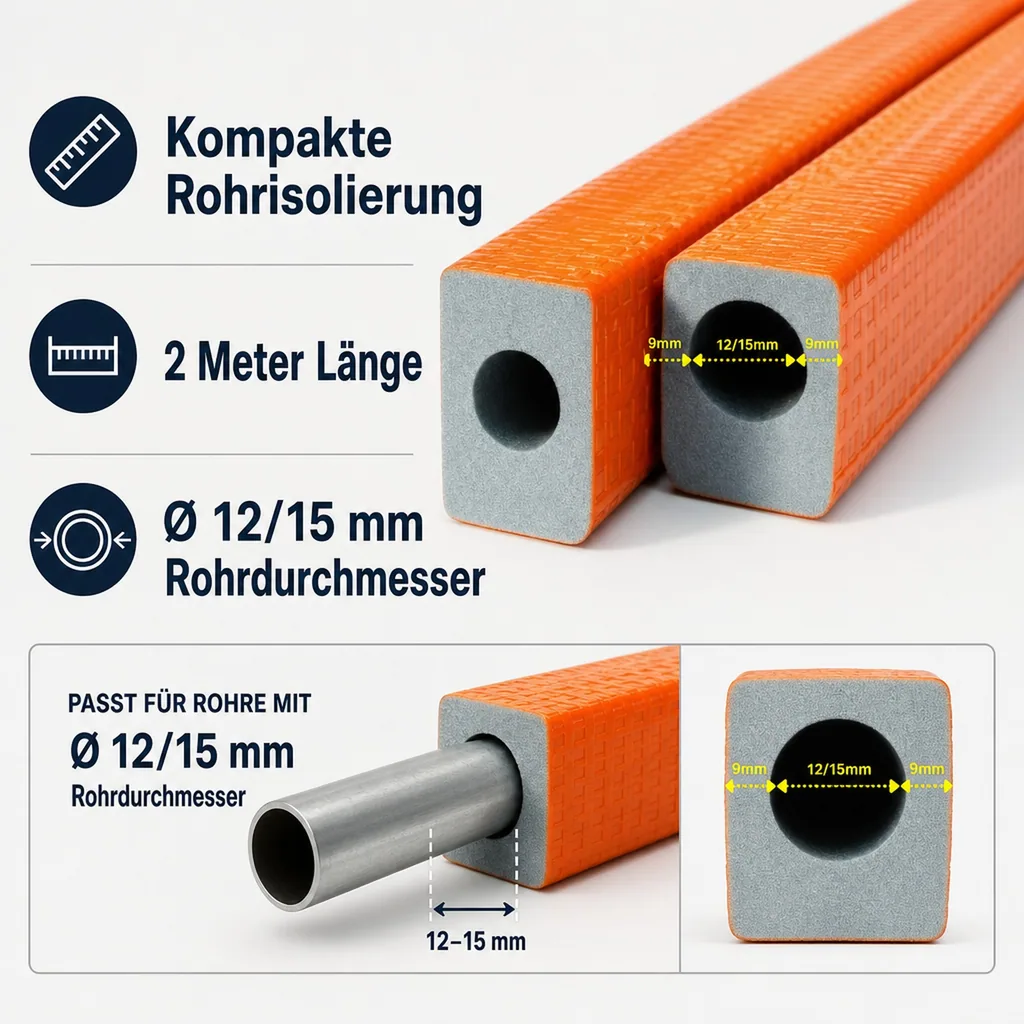 Rohrisolierung, kompakte Rohrisolierung 1 m Ø 12/15 mm, 9 mm Dämmung