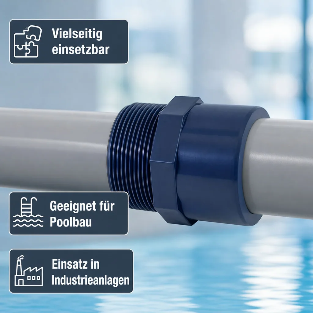 PVC-Anschluss, Übergangsmuffe 63-50mm x 2 Zoll, Klebemuffe PN10