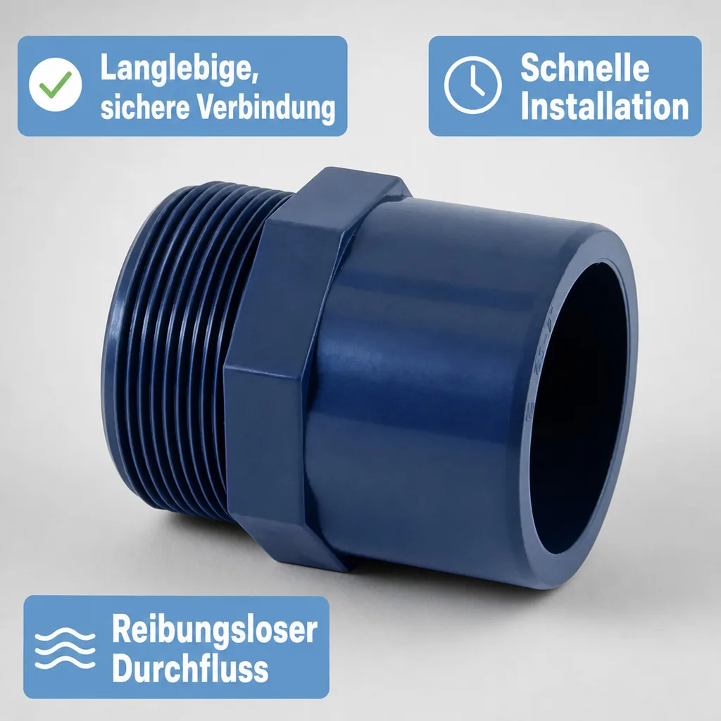 PVC-Anschluss, Übergangsmuffe 63-50mm x 2 Zoll, Klebemuffe PN10