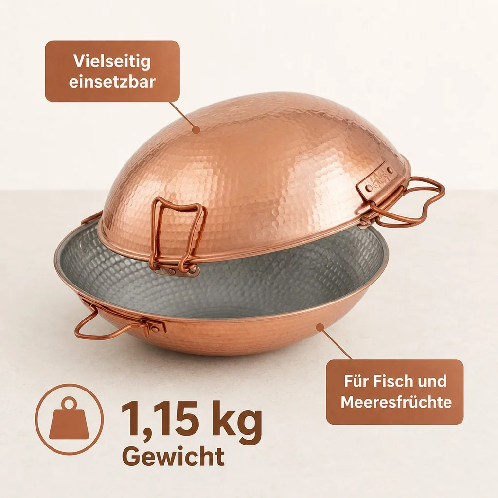 Cataplana - Kupfer, für die Zubereitung von Fisch, Fleisch und Meeresfrüchten, 33cm