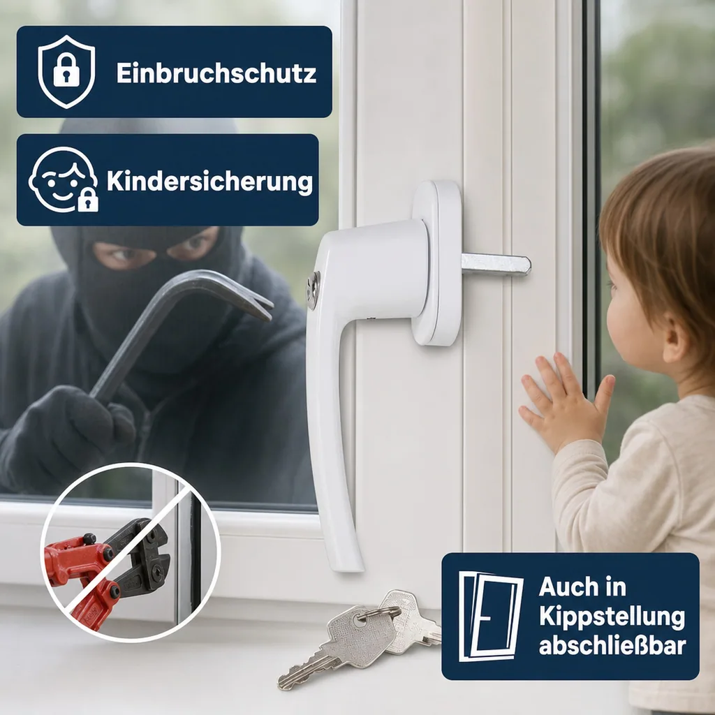Fenstergriff, abschließbar, mit 2 Schlüsseln, Farbe weiß