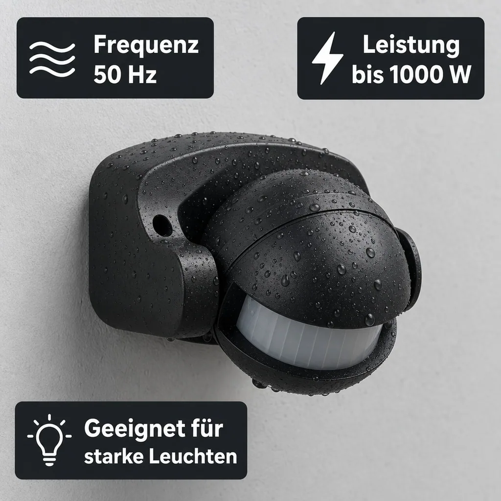Bewegungsmelder 180° IP44, schwarz, max. 1000 W,  Reichweite max. 12 m