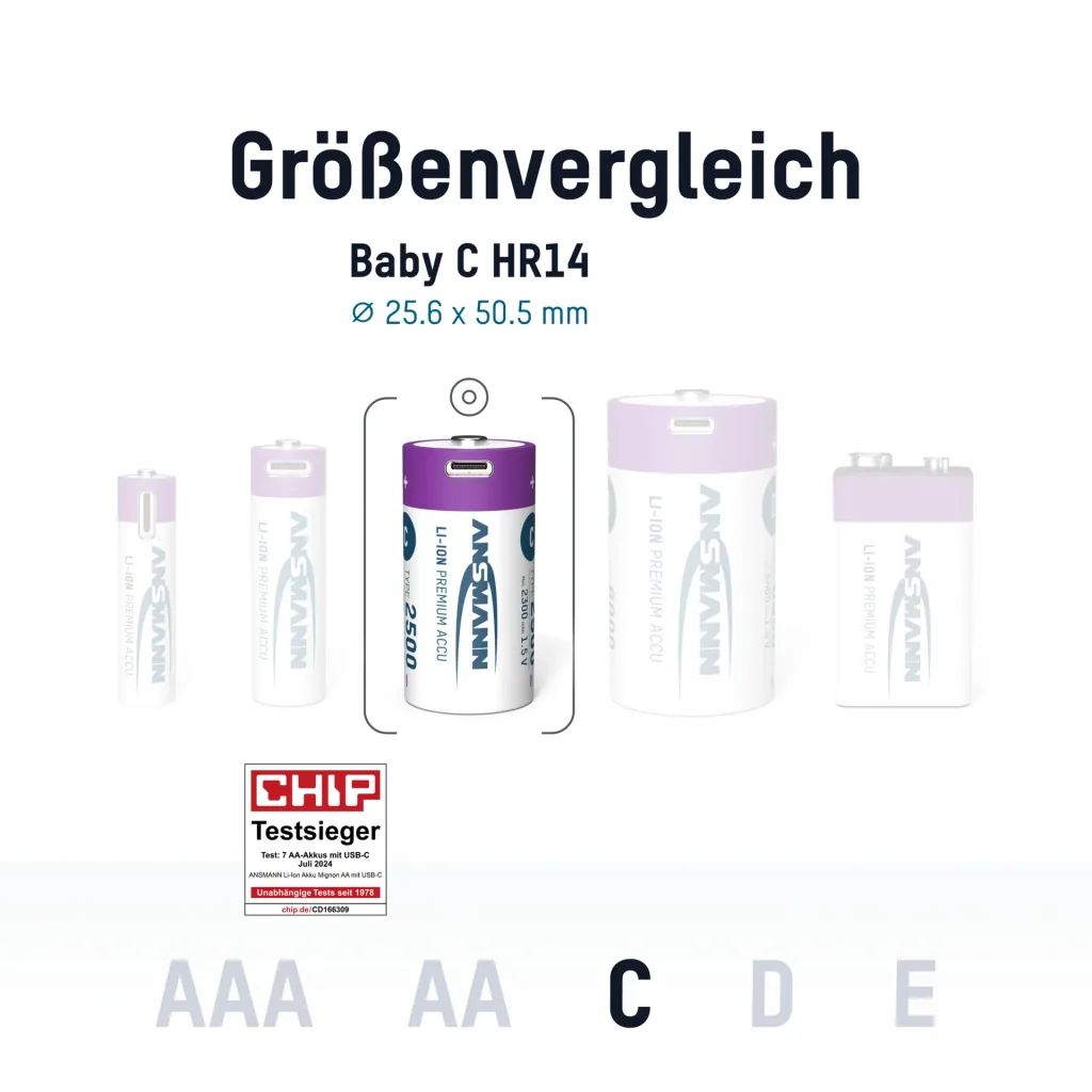 Lithium Ionen Baby (C) Akkus USB-C - 2 Stück, Sicherheitsabschaltung