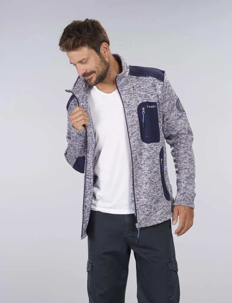 Strickfleece Jacke mit Reißverschluß, Farbe marine/grau melange, Gr. XL