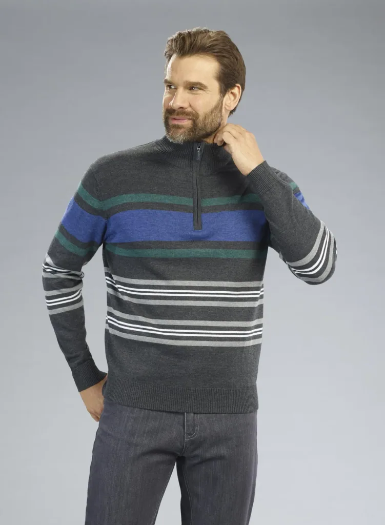 Pullover mit Reißverschluß, Farbe anthrazit/gestreift, Gr.M