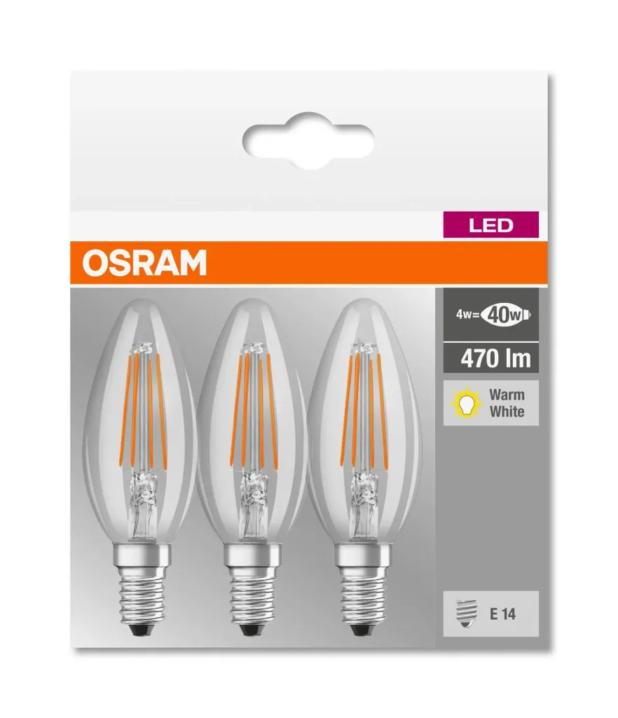 BASE FILAMENT LED Kerze mit 4 Watt, E14, warmweiß, klar - 3 Stück