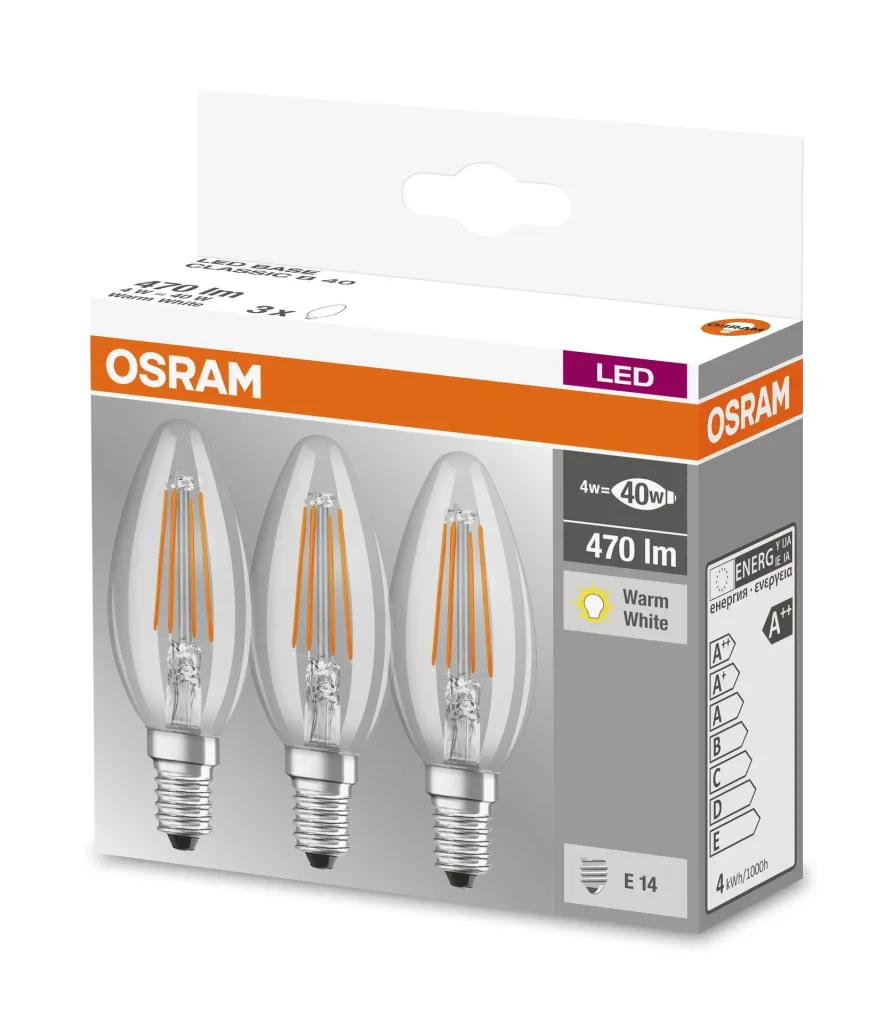 BASE FILAMENT LED Kerze mit 4 Watt, E14, warmweiß, klar - 3 Stück