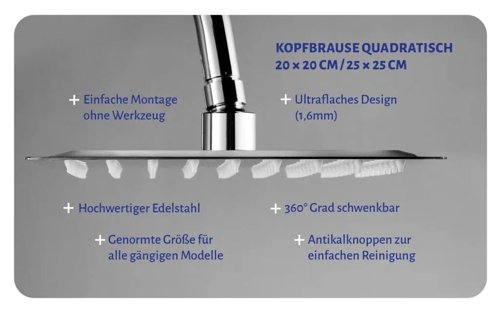 Duschkopf Kopfbrause 20x20 cm Regendusche aus Edelstahl mit 1 Strahlart G1/2 individuell einsetzbar
