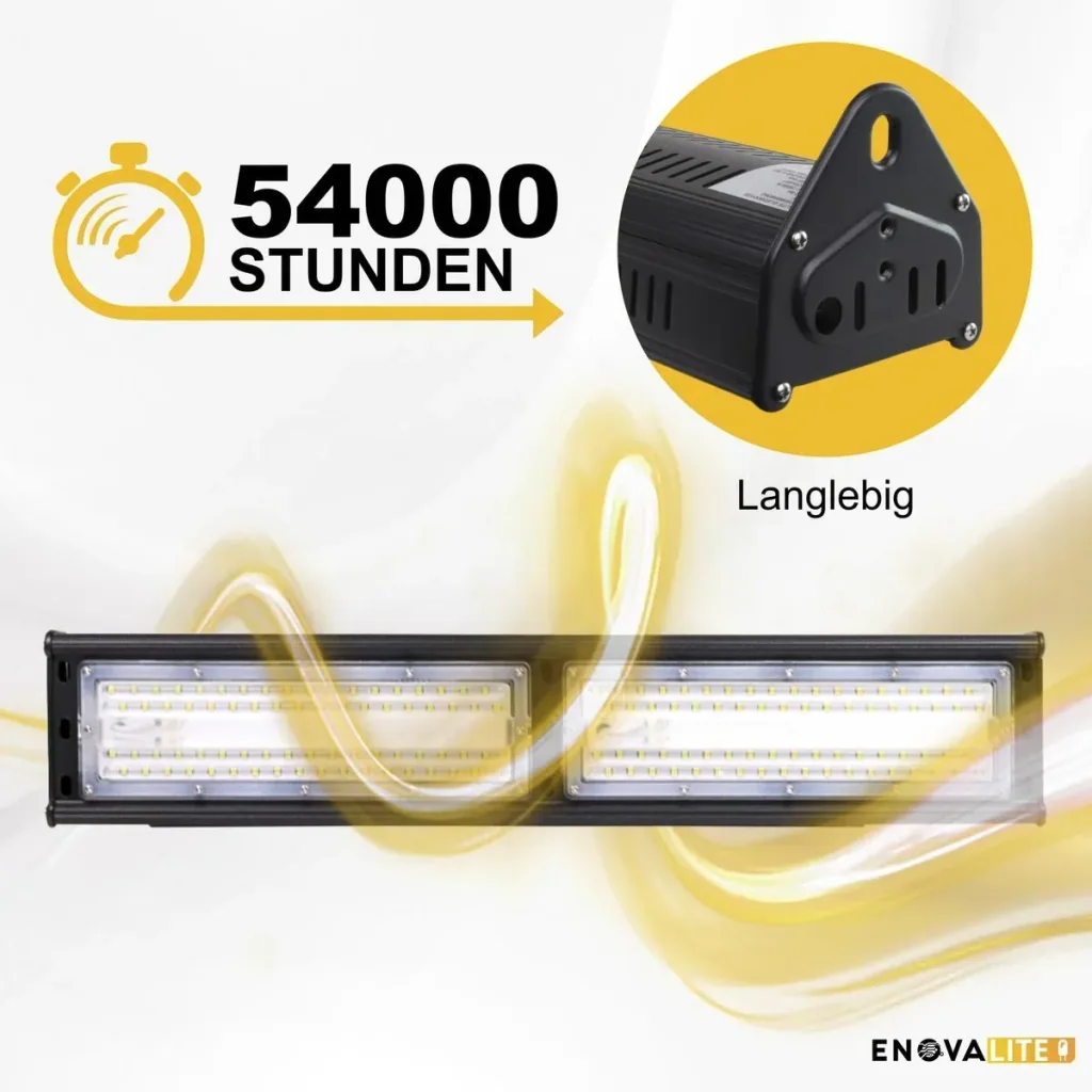 LED-HighBay in linearer Form bietet 50 W, 6000 lm, 5000 K (neutralweiß), IP65 & ENEC-Zertifizierung