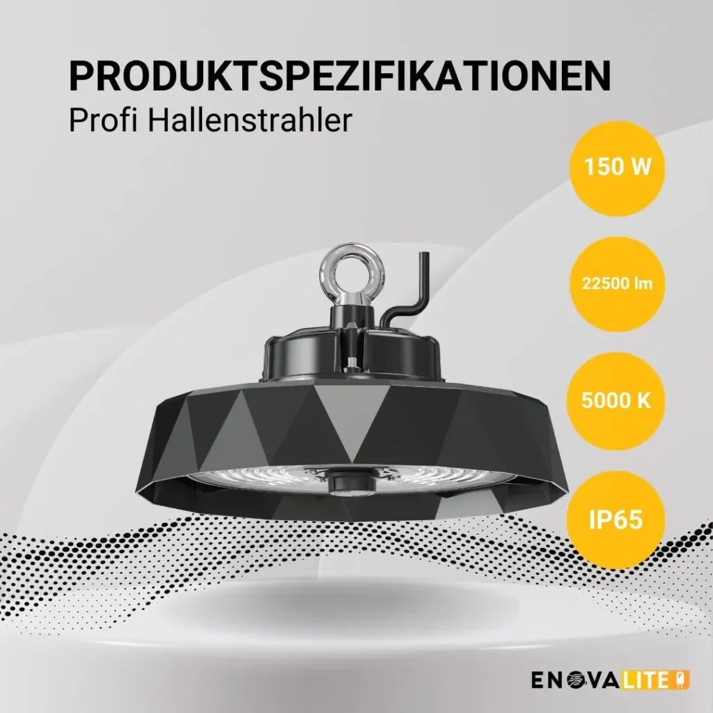 Die LED-HighBay PRO mit Diamant Design bietet 150 W, 22500 lm, 5000 K, IP65 Schutz, Philips Netzteil & Lumileds LED
