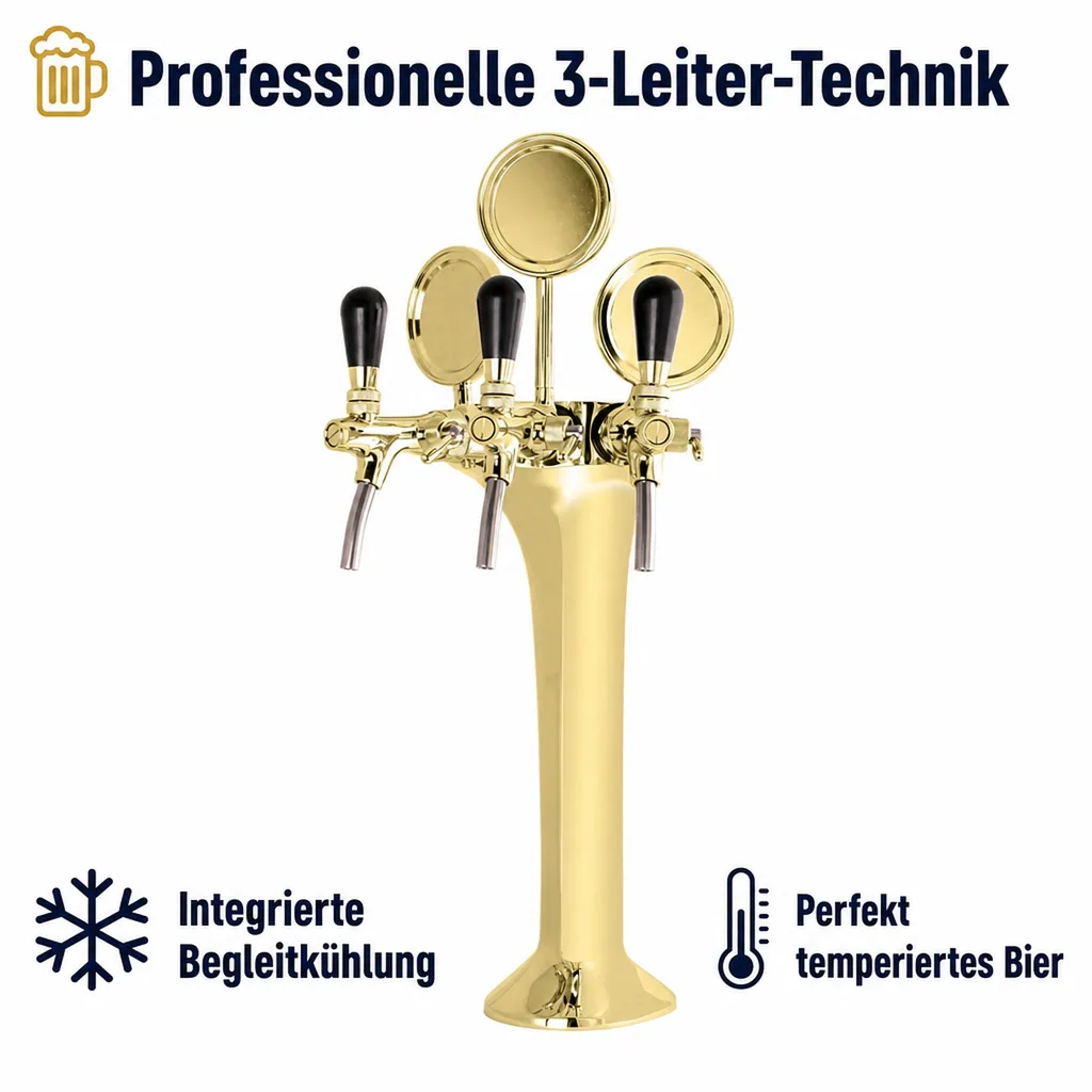 Schanksäule, Bierzapfsäule - Gold, 3-leitig, Elegant - "Topp-Qualität!"