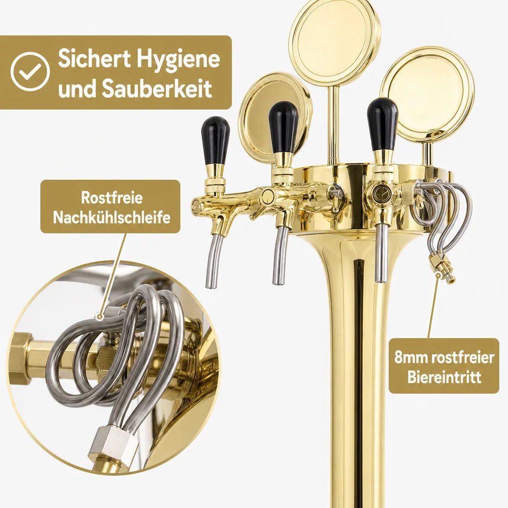 Schanksäule, Bierzapfsäule - Gold, 3-leitig, Elegant - "Topp-Qualität!"