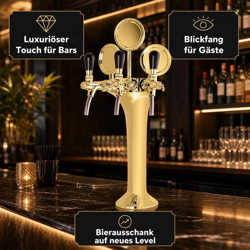 Schanksäule, Bierzapfsäule - Gold, 3-leitig, Elegant - "Topp-Qualität!"