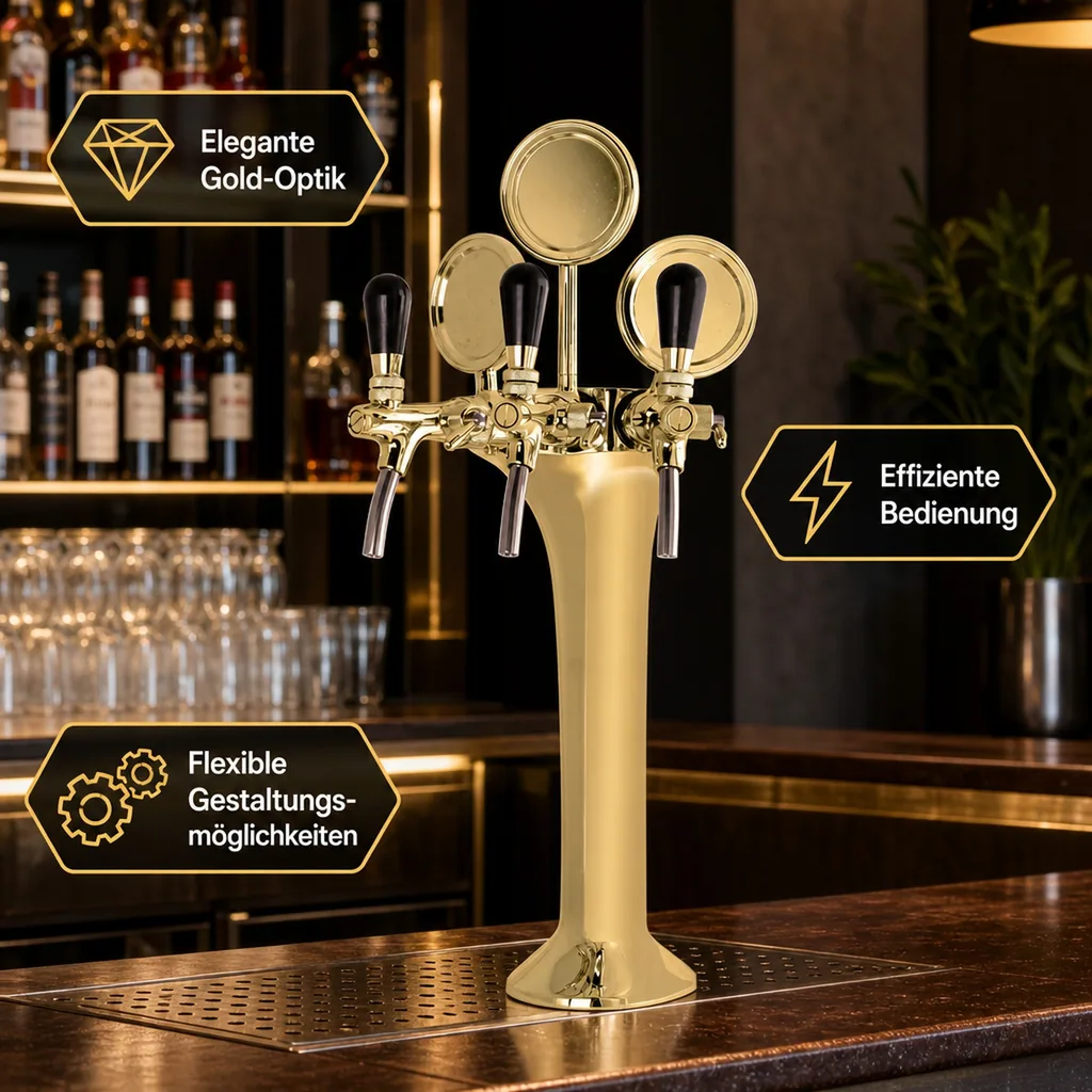 Schanksäule, Bierzapfsäule - Gold, 3-leitig, Elegant - "Topp-Qualität!"