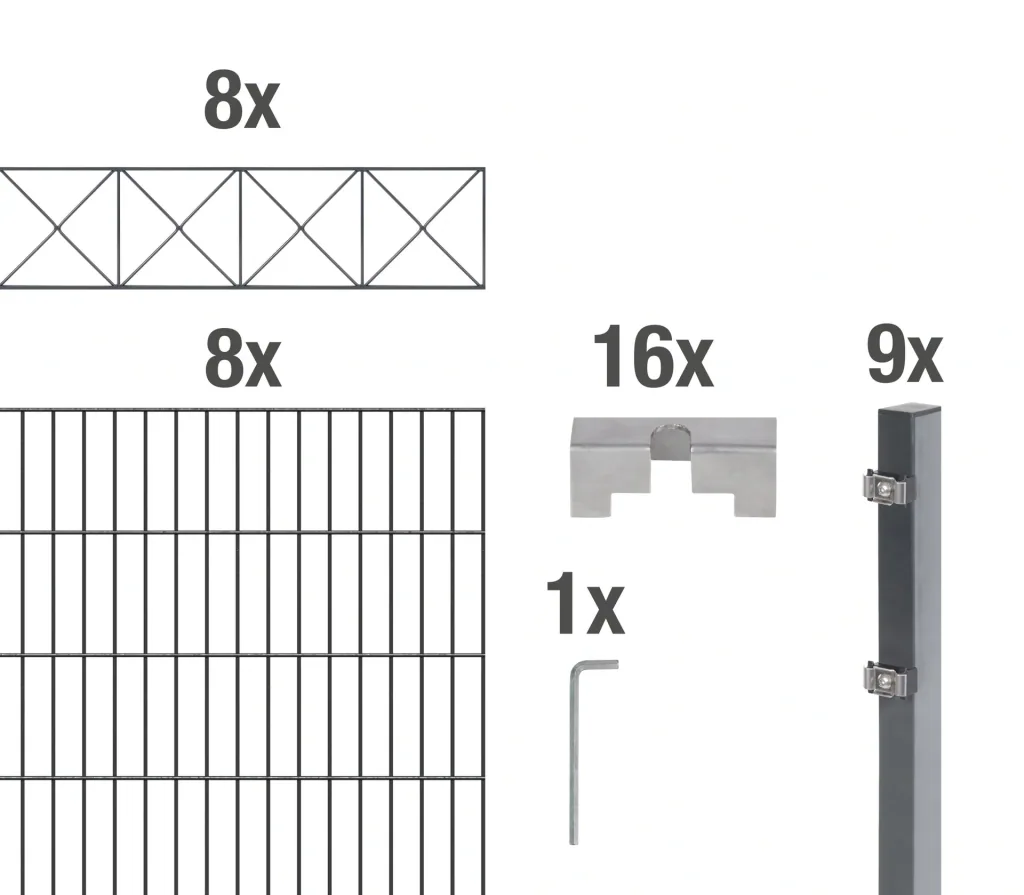 Doppelstabmattenzaun Sets anthrazit mit Dekorelement "Nexus"", Länge: 16 m, Höhe: 160 cm