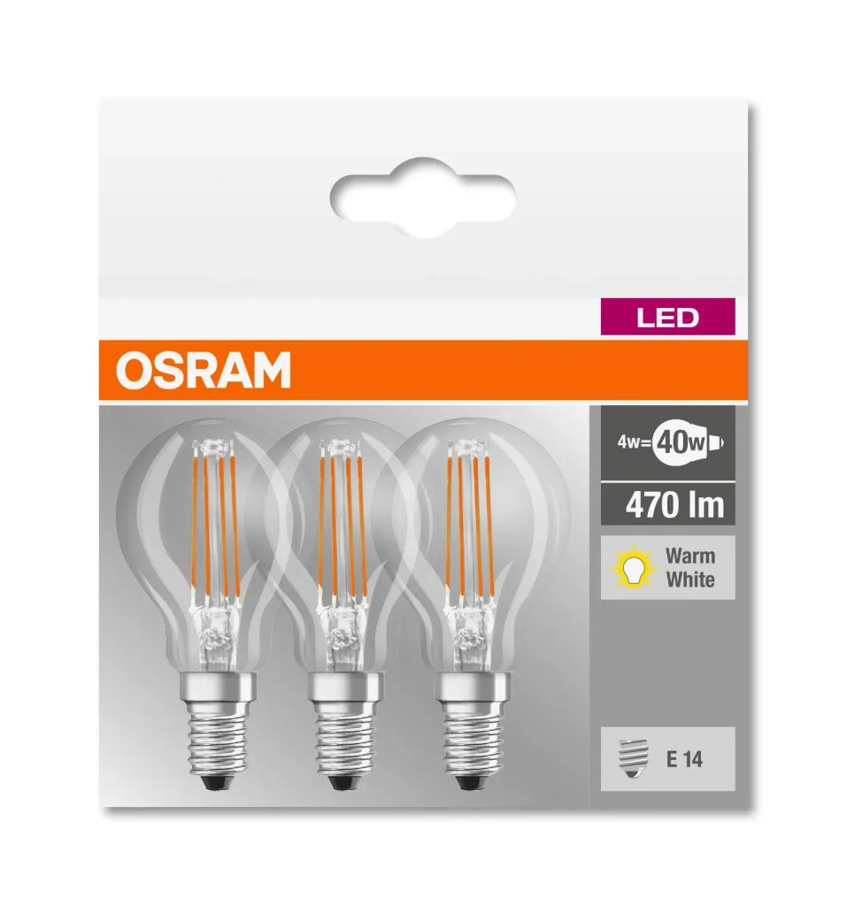 BASE FILAMENT LED Tropfenlampe mit 4 Watt, E14, warmweiß, klar - 3 Stück