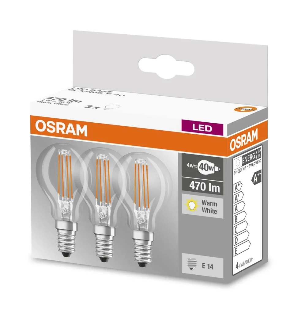 BASE FILAMENT LED Tropfenlampe mit 4 Watt, E14, warmweiß, klar - 3 Stück