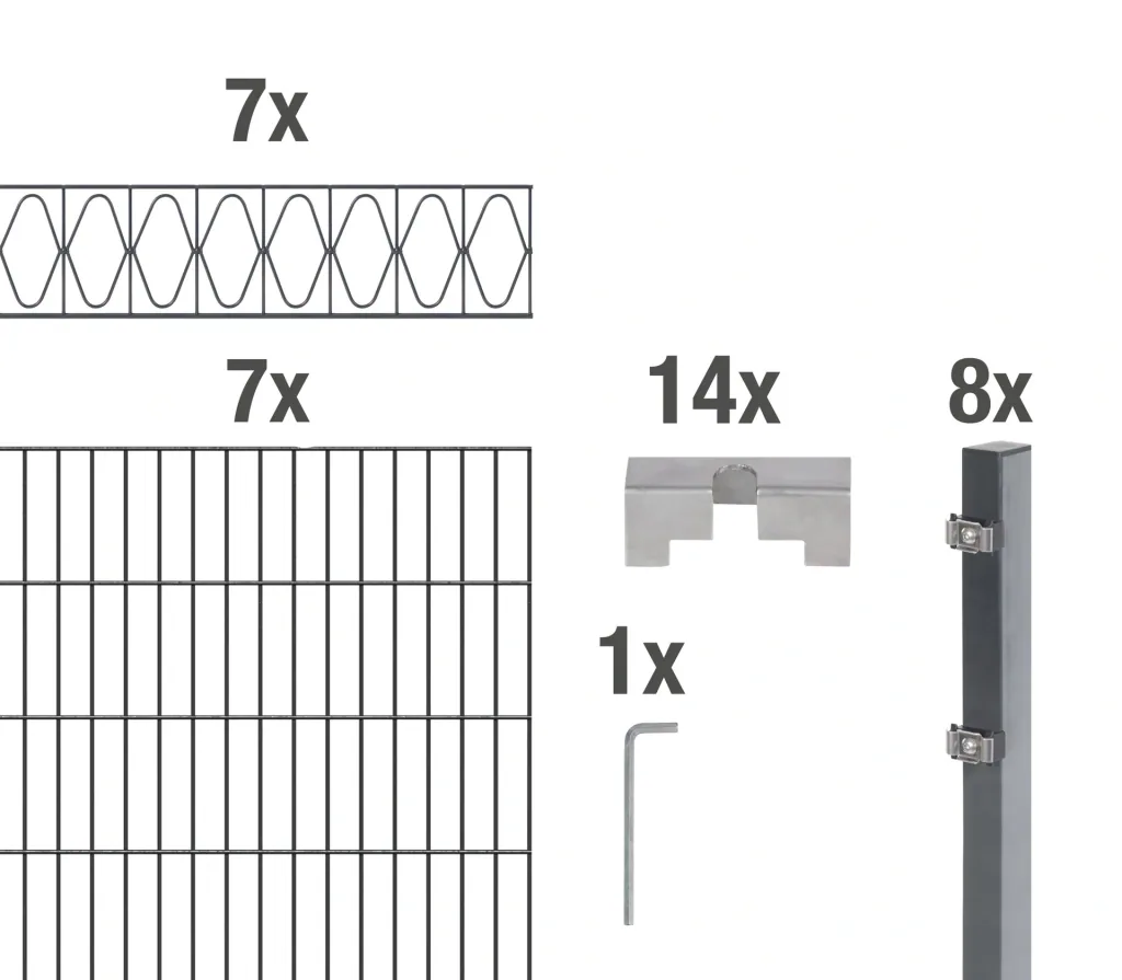 Doppelstabmattenzaun Sets anthrazit mit Dekorelement "Eleganz", Länge: 14 m, Höhe: 100 cm