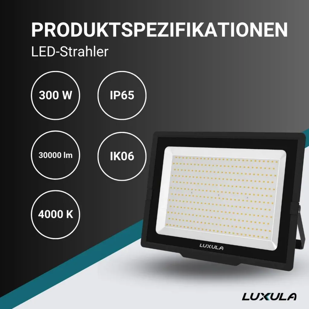LED-Fluter in schwarz bietet 300 W, 4000 K (neutralweiß), 30000 lm & IP65 Schutz