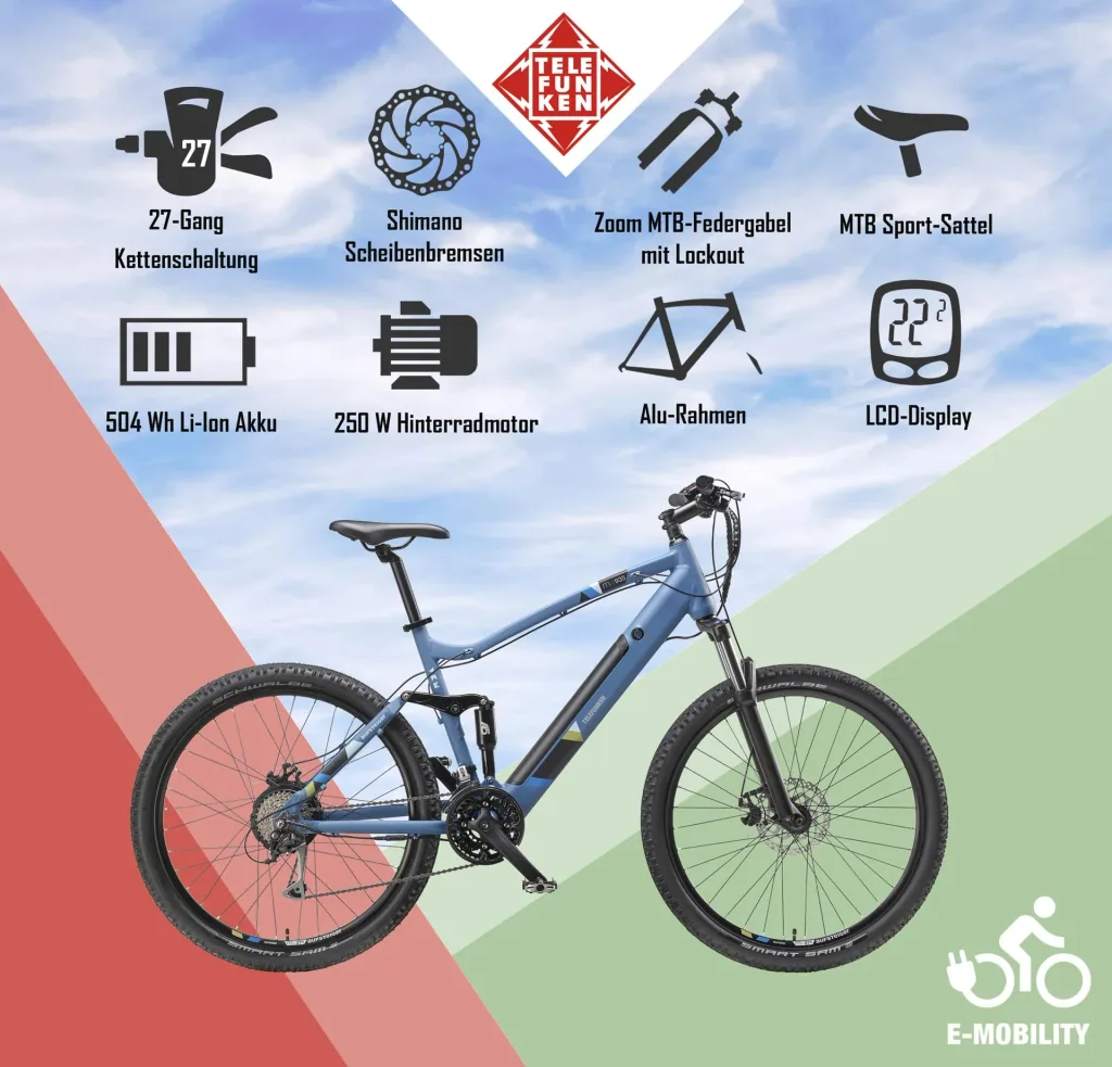 Unisex Alu MTB E-Bike, 27,5 Zoll, 24-Gang Kettenschaltung, blau, Aufsteiger M935 Fully