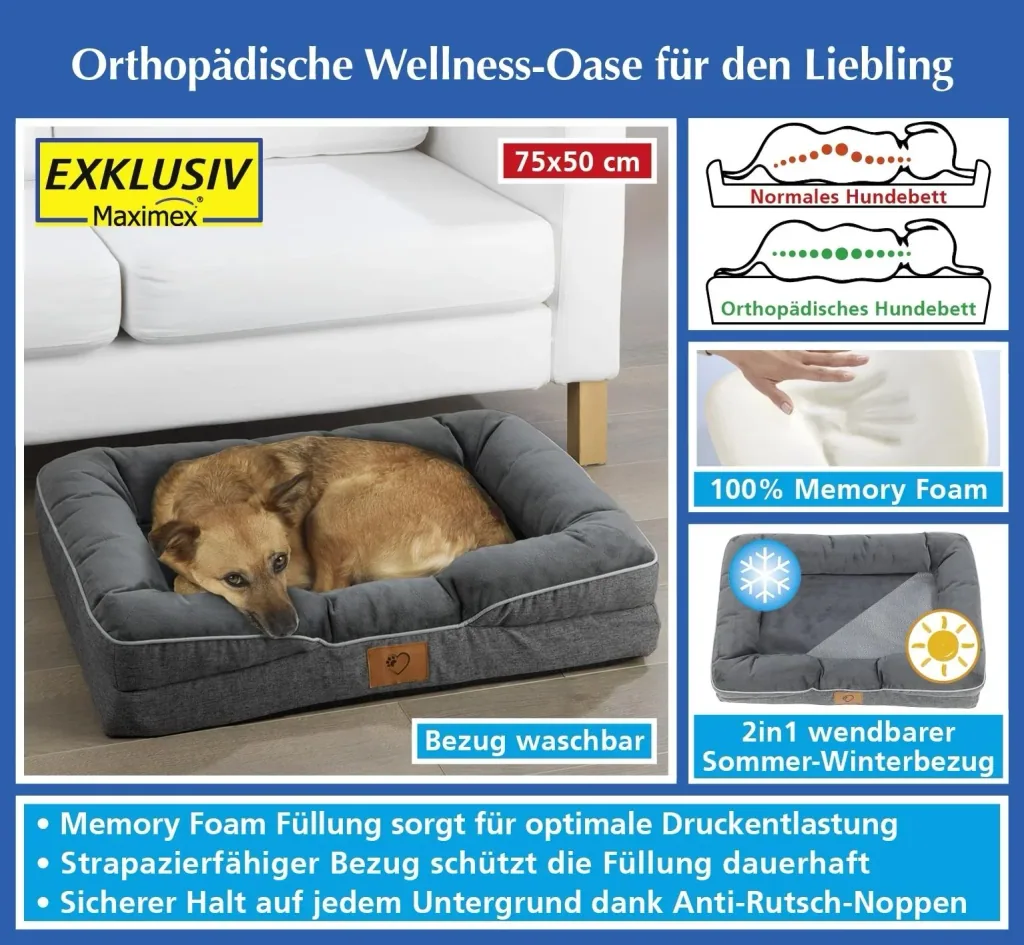 Orthopädisches Hundebett, Grau, Größe M, 75 x 50 x 15 cm