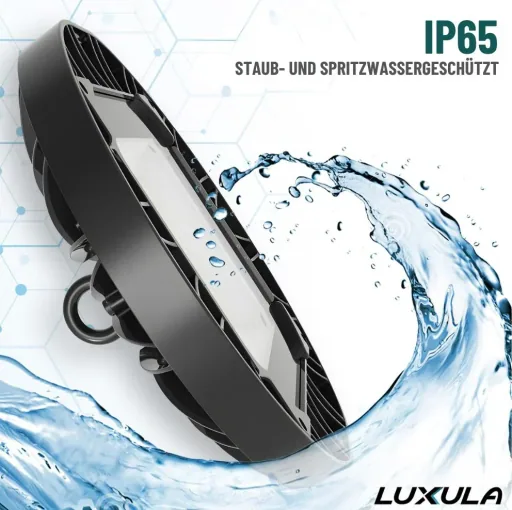 LED-HighBay in UFO-Form bietet 100 W, 9400 lm, 5000 K (neutralweiß) und IP65 Schutz.