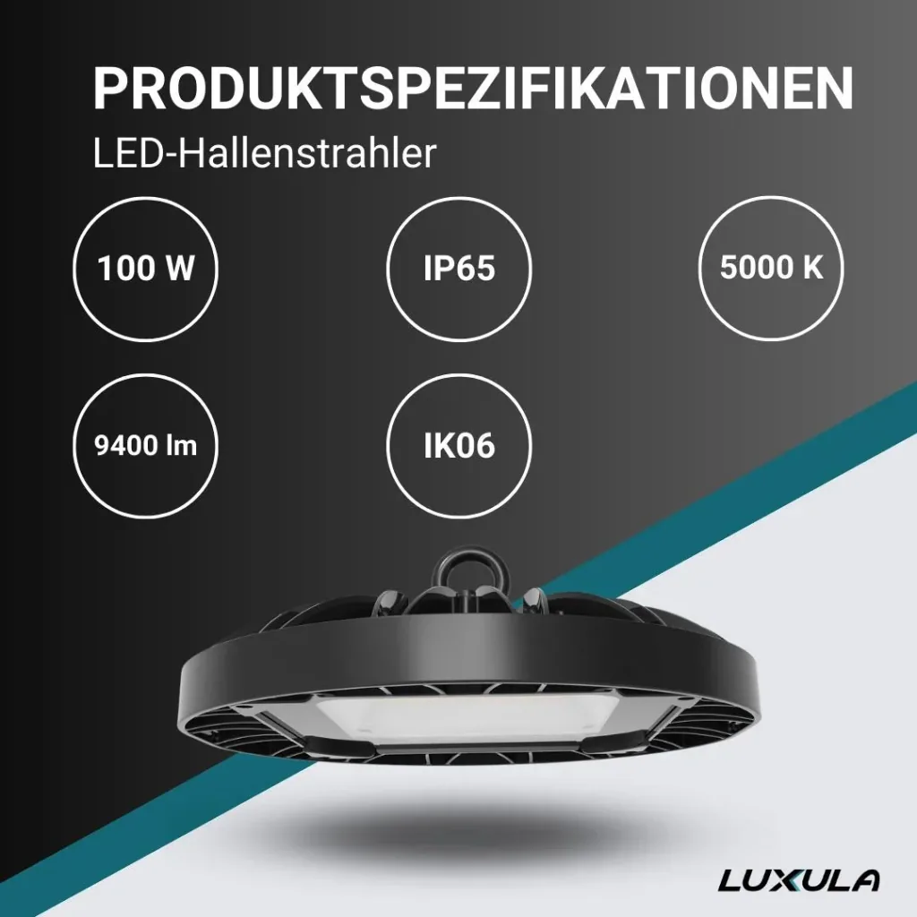 LED-HighBay in UFO-Form bietet 100 W, 9400 lm, 5000 K (neutralweiß) und IP65 Schutz.