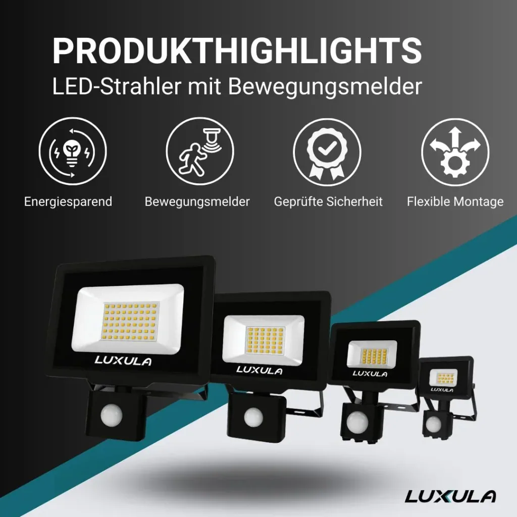 LED-Fluter in schwarz mit Bewegungsmelder bietet 10 W, 3000 K (warmweiß), 1000 lm & IP65 Schutz