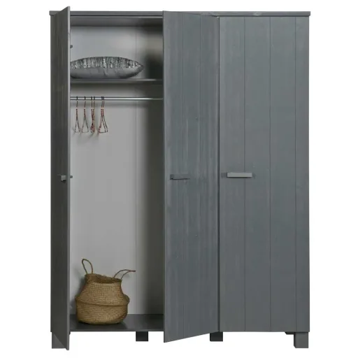 WOOOD - Schrank Dennis, 3-türig, Kiefer, 202x158x55 cm, Stahlgrau