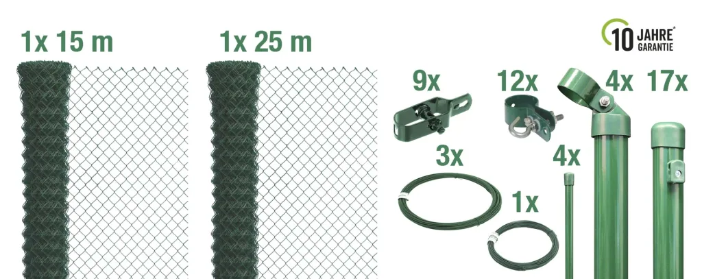 Maschendrahtzaun als Zaun-Komplettset, zum Einbetonieren, grün, Höhe 125 cm, Länge 40 m