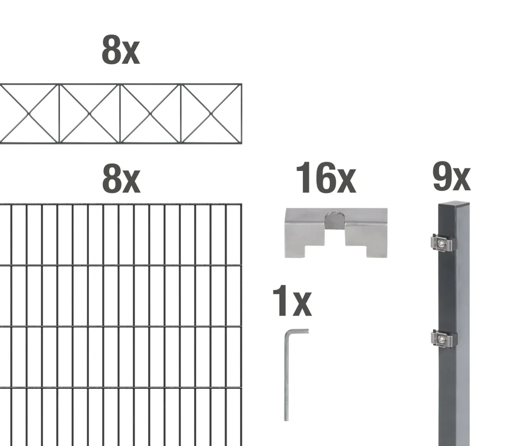 Doppelstabmattenzaun Sets anthrazit mit Dekorelement "Nexus"", Länge: 16 m, Höhe: 140 cm