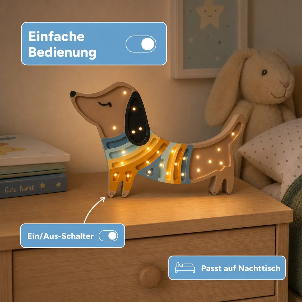 Little Lights Nachtlicht Kinder, Nachtlampe Welpe - 100% Kiefernholz natur, Farbe: Erdbeercreme