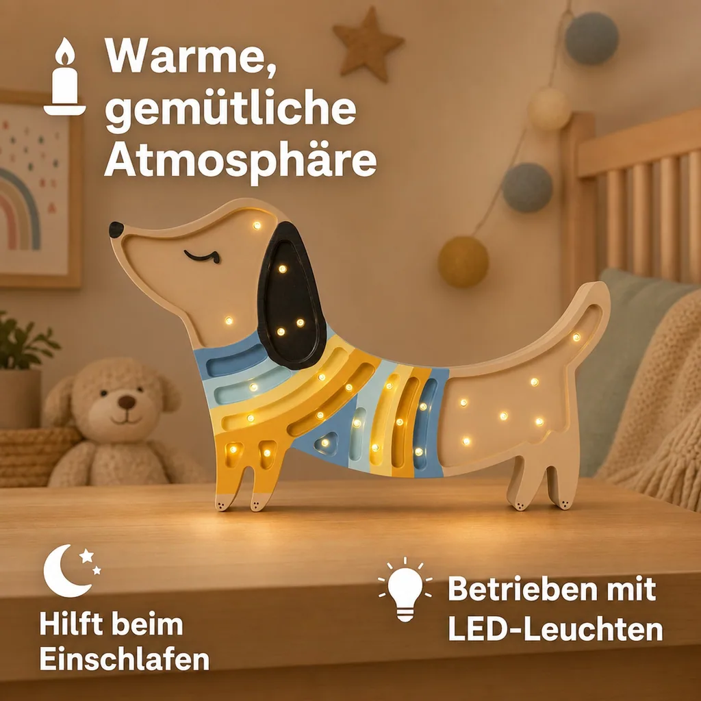Little Lights Nachtlicht Kinder, Nachtlampe Welpe - 100% Kiefernholz natur, Farbe: Erdbeercreme