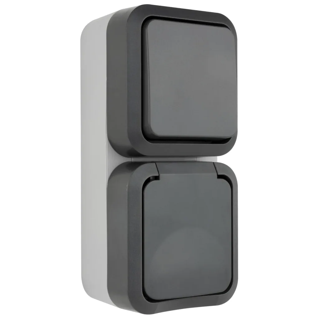 Aufputz-Feuchtraum Schalter/ Schutzkontakt-Steckdose mit Klappdeckel, senkrecht IP55