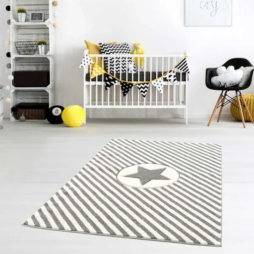 Livone Teppich Stern & Diagonal Streifen grau, Teppichgrösse: 120 x 180 cm