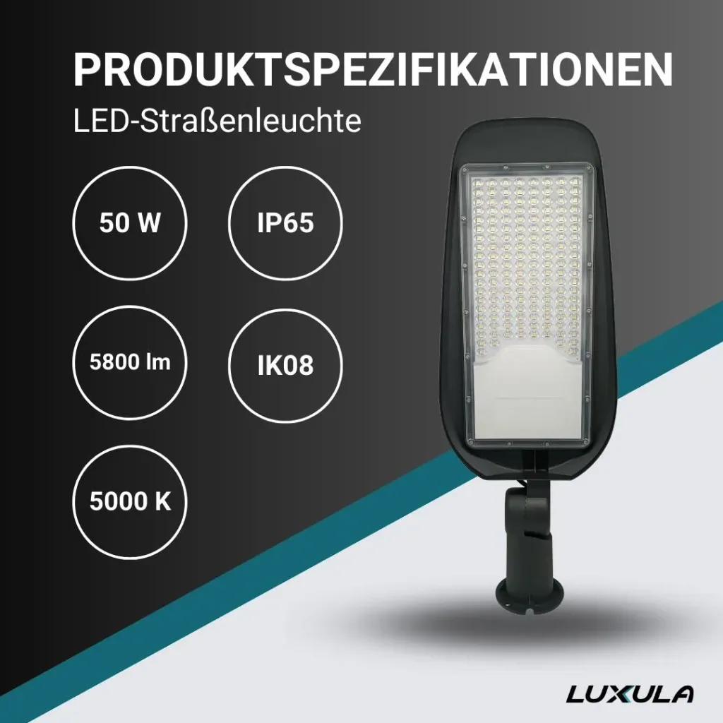 LED-Straßenleuchte 50 W bietet 5800 lm, 5000 K (neutralweiß) & IP65 Schutz
