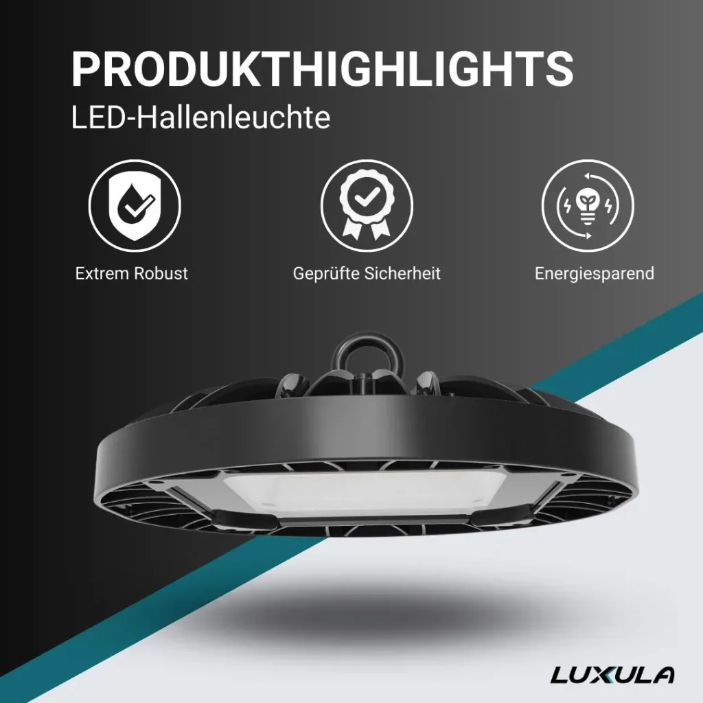 LED-HighBay in UFO-Form bietet 200 W, 20100 lm, 5000 K (neutralweiß) und IP65 Schutz.