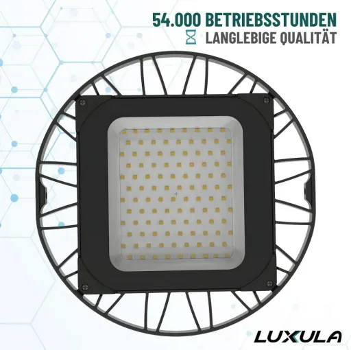 LED-HighBay in UFO-Form bietet 200 W, 20100 lm, 5000 K (neutralweiß) und IP65 Schutz.