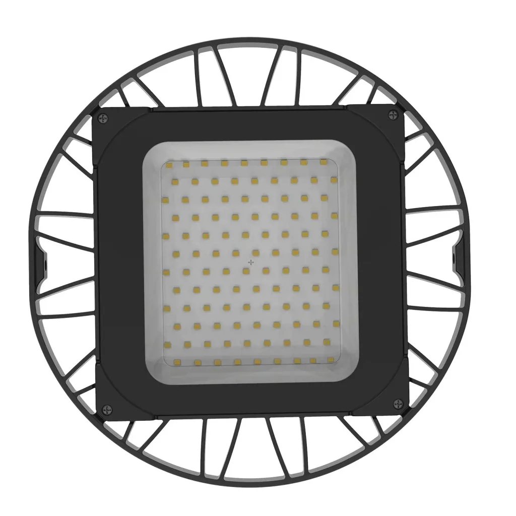 LED-HighBay in UFO-Form bietet 150 W, 14400 lm, 5000 K (neutralweiß) und IP65 Schutz.