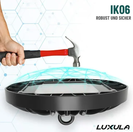 LED-HighBay in UFO-Form bietet 150 W, 14400 lm, 5000 K (neutralweiß) und IP65 Schutz.