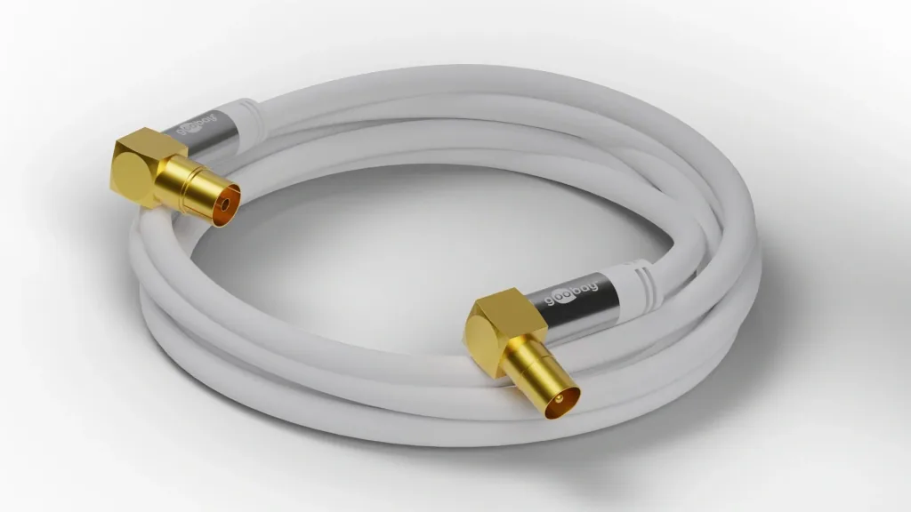 TV Antennenkabel 135 dB, 4x geschirmt, 2 m, Weiß - vergoldet, Koax-Buchse 90° > Koax-Stecker 90° (70417)