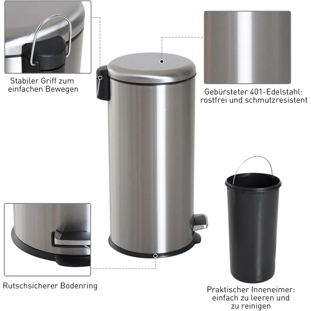Treteimer mit Inneneimer Pedal-Mülleimer Klappdeckel Abfallsammler Edelstahl Silber 30L