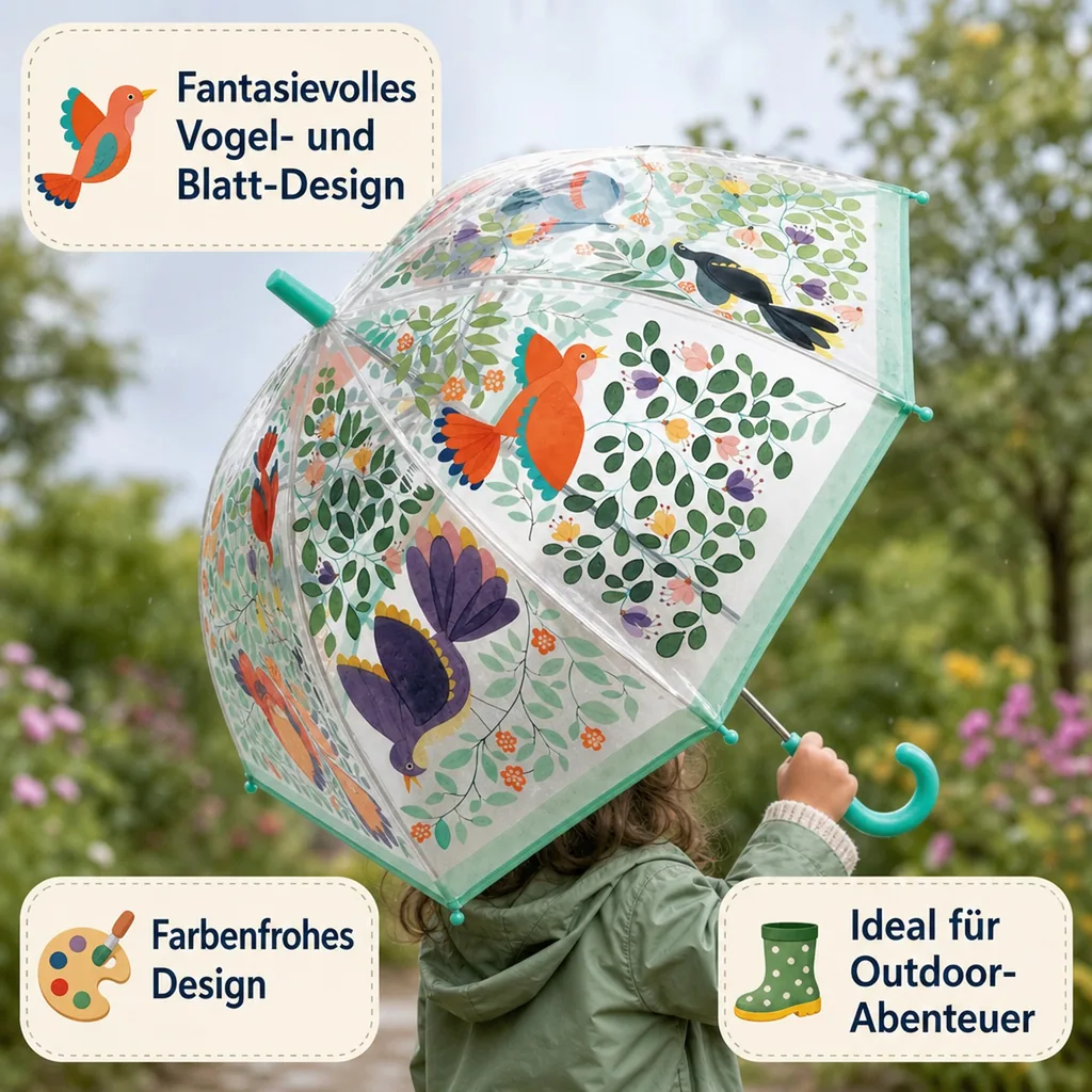 Djeco Kinder Regenschirm Vögel und Blätter