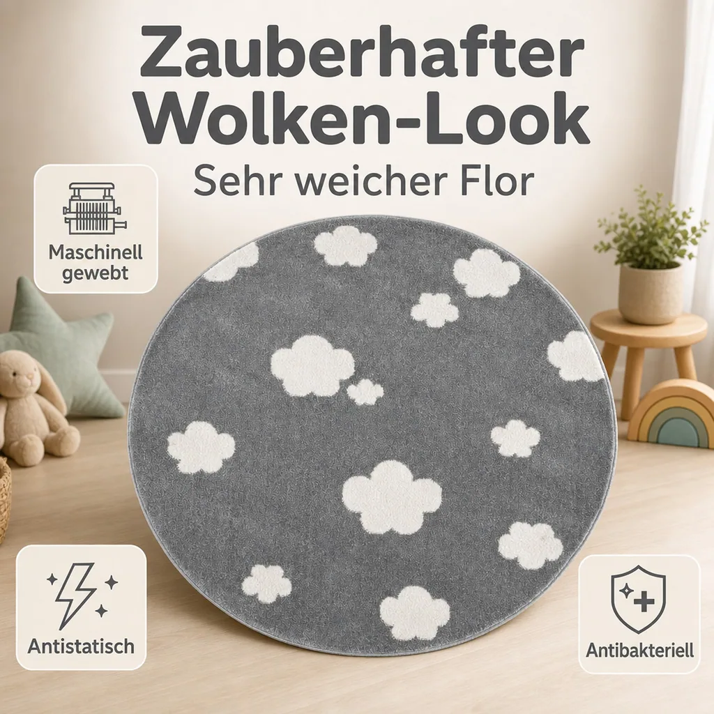 Livone Teppich rund Wolken grau